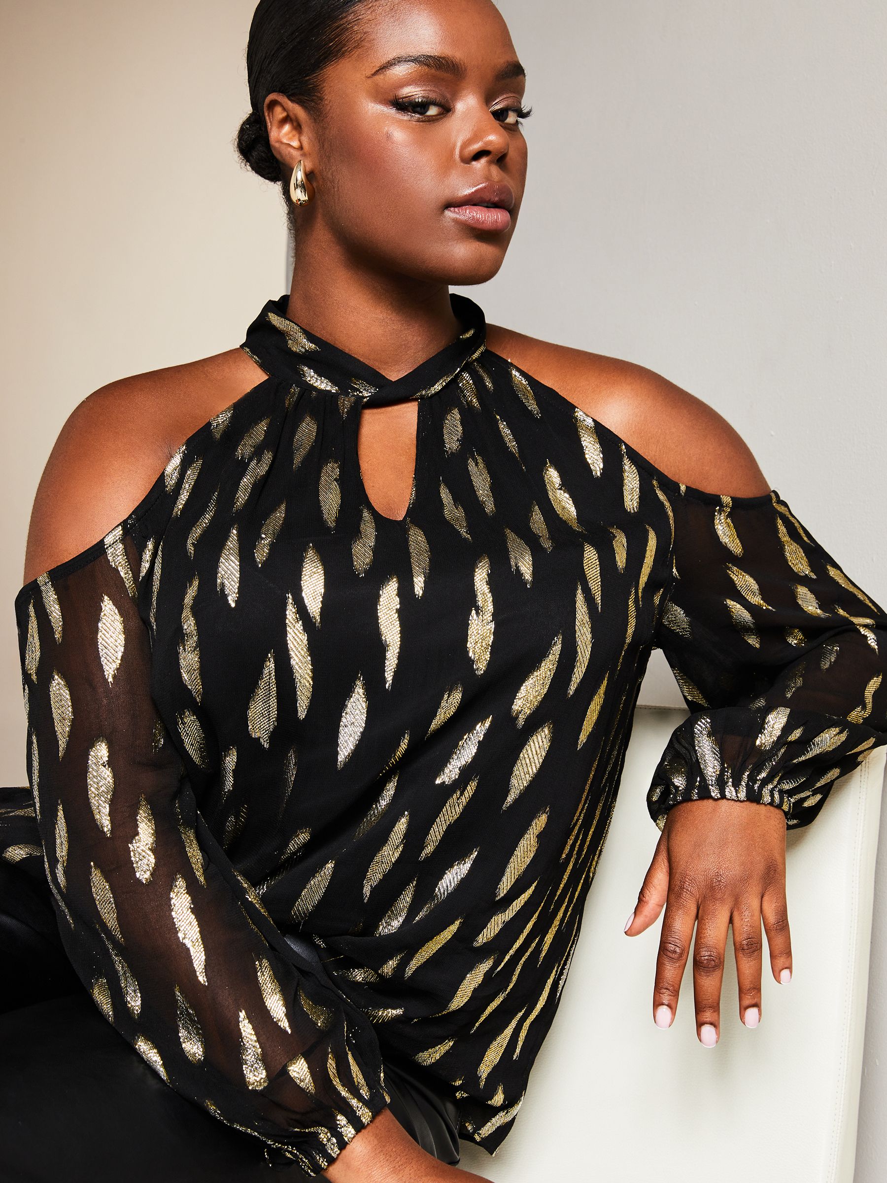 Cold shoulder metallic top clearance