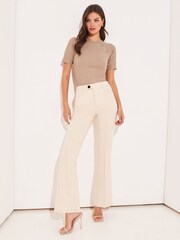 Lipsy Camel Crew Neck Button Short Sleeve Rib Top - Image 2 of 3