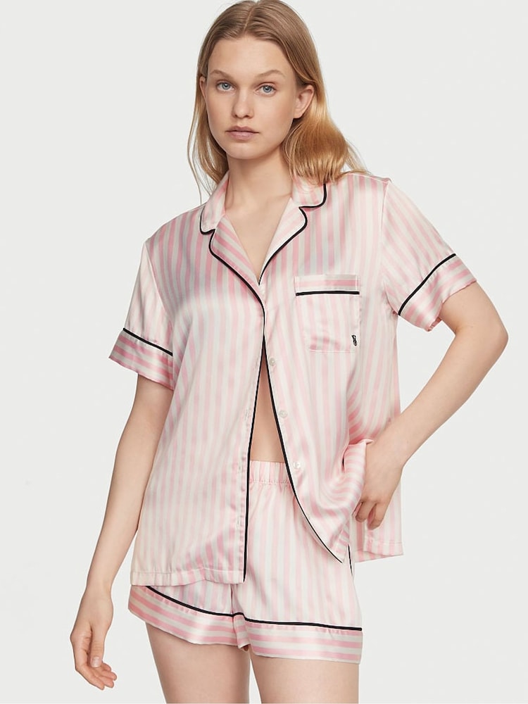 Victoria's Secret Pink Iconic Stripe Satin Short Pyjama Set - Image 1 of 4