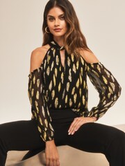 Lipsy Black Foil Metallic Petite Cold Shoulder Long Sleeve Top - Image 1 of 4