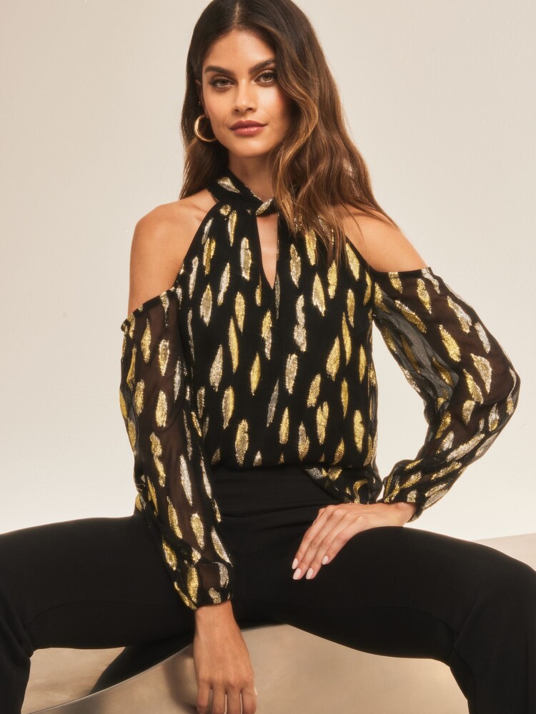Lipsy Black Foil Metallic Petite Cold Shoulder Long Sleeve Top - Image 1 of 4
