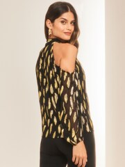 Lipsy Black Foil Metallic Petite Cold Shoulder Long Sleeve Top - Image 2 of 4