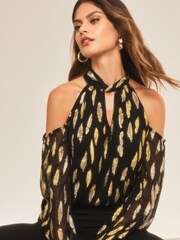 Lipsy Black Foil Metallic Petite Cold Shoulder Long Sleeve Top - Image 3 of 4