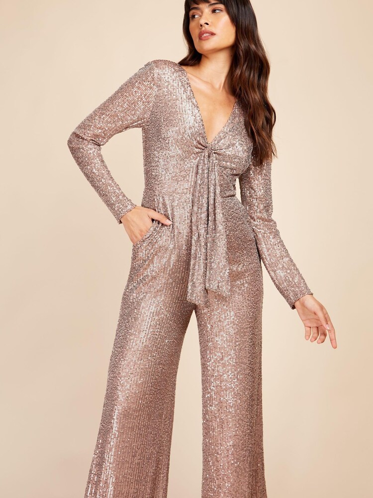 Little Mistress Rose Gold Sequin Jumpsuit - Image 2 of 4