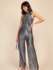 Little Mistress Silver Grey Halter Neck Sequin Jumpsuit - Image 1 of 4