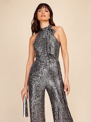 Little Mistress Silver Grey Halter Neck Sequin Jumpsuit - Image 2 of 4