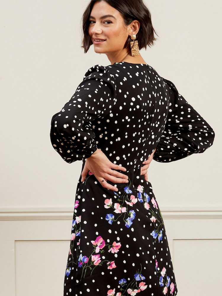Love & Roses Black Floral and Spot Printed Empire V Neck Mini Dress - Image 4 of 4 Love & Roses Black Floral and Spot Printed Empire V Neck Mini Dress - Image 4 of 4