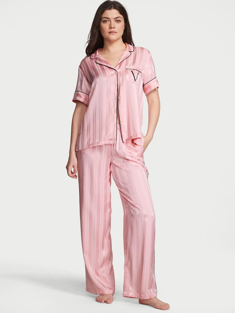 Victoria's Secret Pretty Blossom Pink Stripe Satin Long Pyjamas - Image 1 of 4 Victoria's Secret Pretty Blossom Pink Stripe Satin Long Pyjamas - Image 1 of 4