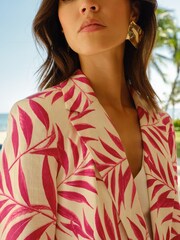 V&A | Love & Roses Pink Floral Print Relaxed Double Breasted Blazer Contains Linen - Image 2 of 3