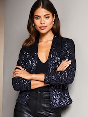 Lipsy Navy Blue Sequin Cropped Tailored Blazer - Image 1 of 4