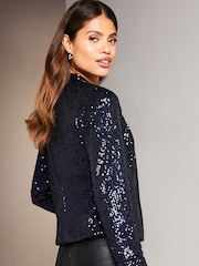 Lipsy Navy Blue Sequin Cropped Tailored Blazer - Image 2 of 4