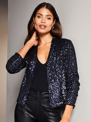 Lipsy Navy Blue Sequin Cropped Tailored Blazer - Image 4 of 4