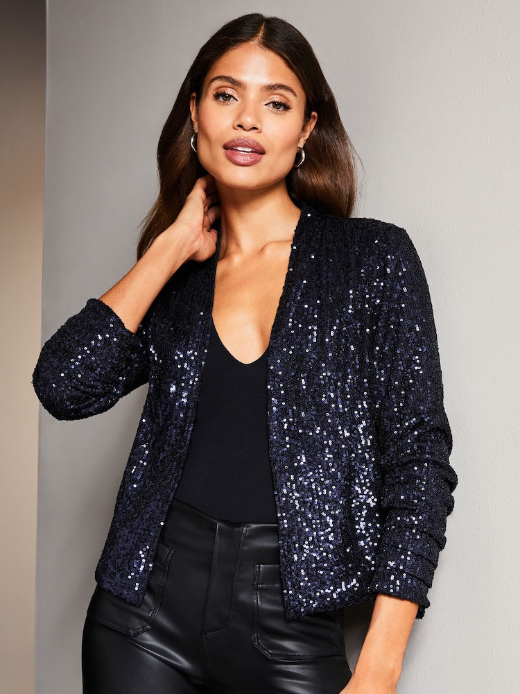 Lipsy Navy Blue Sequin Cropped Tailored Blazer - Image 4 of 4