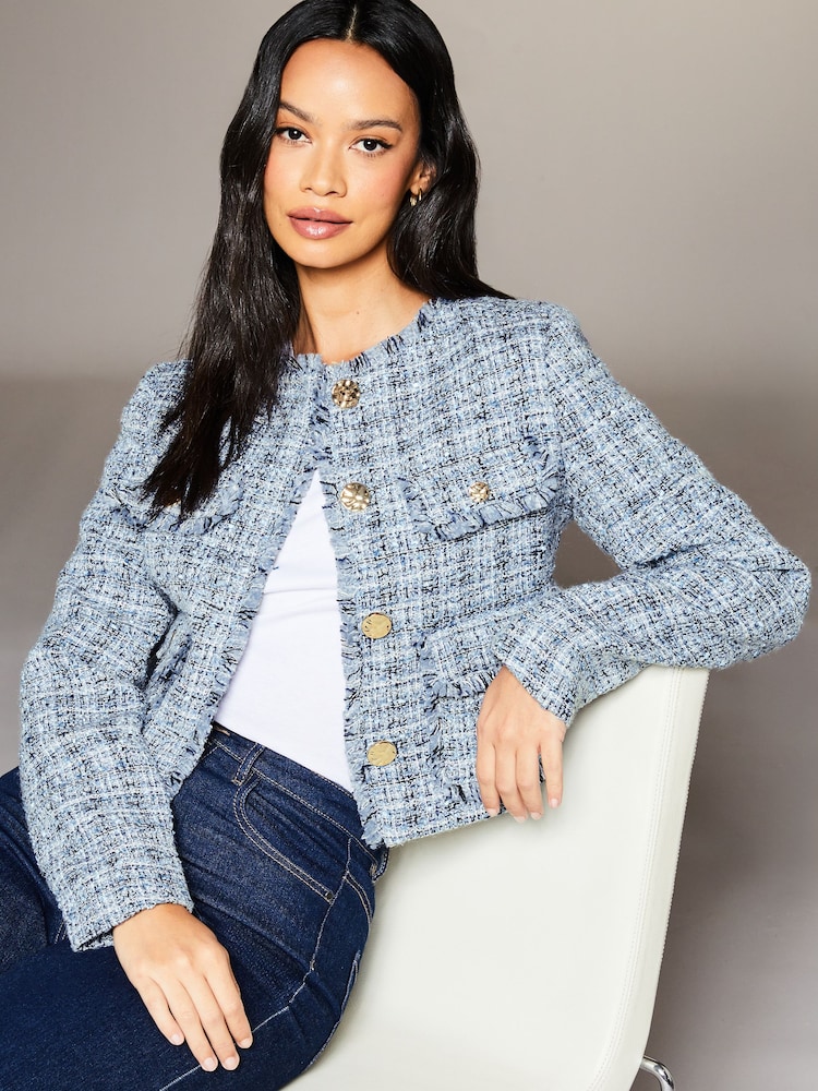 Lipsy Blue Boucle Cropped Tailored Button Through Blazer Jacket - Image 1 of 4 Lipsy Blue Boucle Cropped Tailored Button Through Blazer Jacket - Image 1 of 4