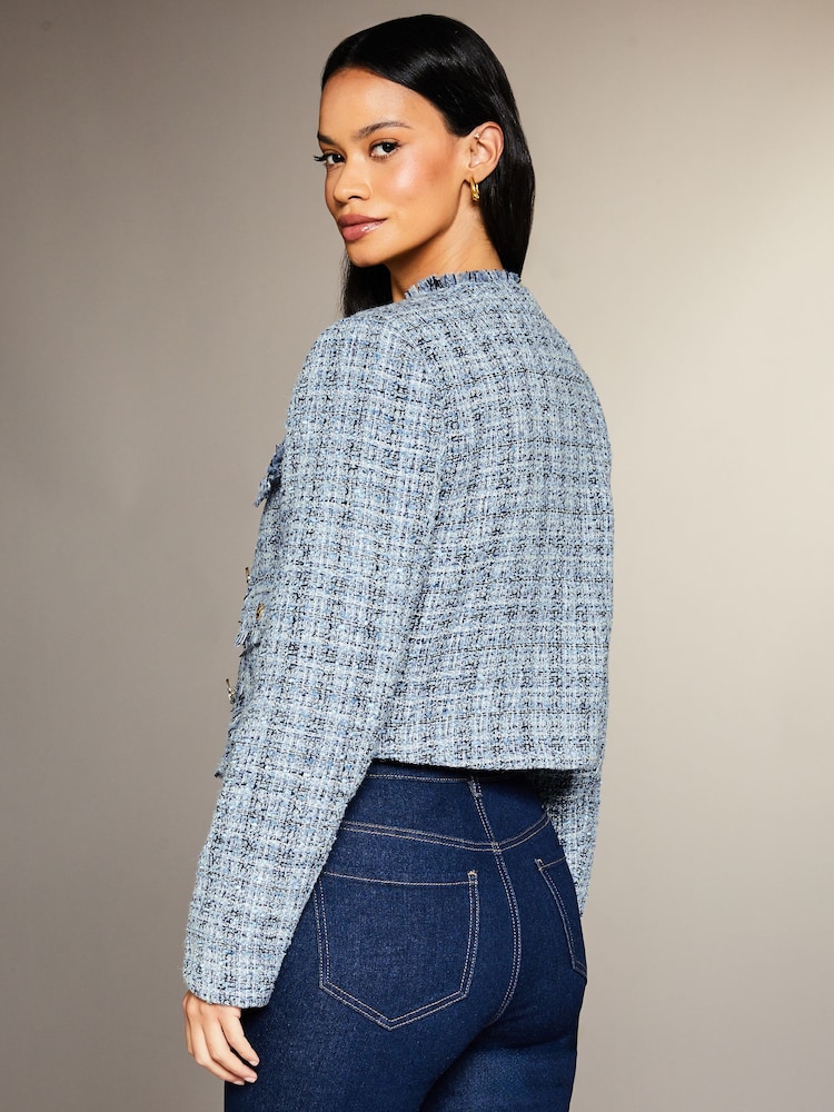 Lipsy Blue Boucle Cropped Tailored Button Through Blazer Jacket - Image 2 of 4 Lipsy Blue Boucle Cropped Tailored Button Through Blazer Jacket - Image 2 of 4