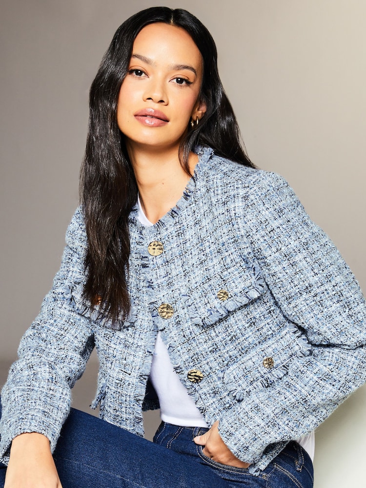 Lipsy Blue Boucle Cropped Tailored Button Through Blazer Jacket - Image 4 of 4 Lipsy Blue Boucle Cropped Tailored Button Through Blazer Jacket - Image 4 of 4