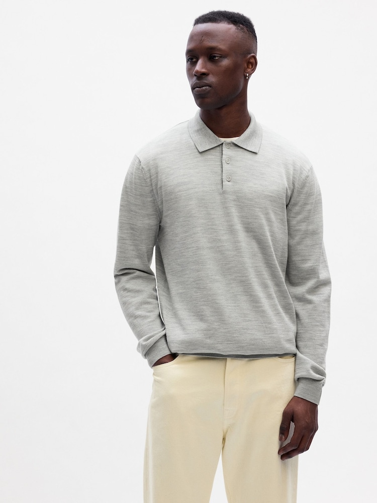 Grau - Gap, Langarm-Polo-Pullover aus Merinowolle - Bild 1 von 1