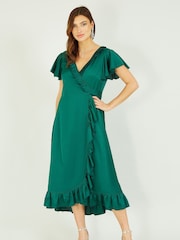Yumi Green Satin Wrap Midi Dress - Image 1 of 5