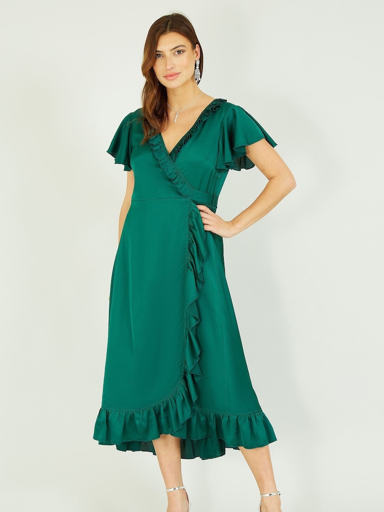 Yumi Green Satin Wrap Midi Dress - Image 1 of 5