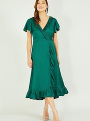 Yumi Green Satin Wrap Midi Dress - Image 2 of 5
