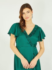 Yumi Green Satin Wrap Midi Dress - Image 3 of 5