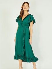 Yumi Green Satin Wrap Midi Dress - Image 4 of 5