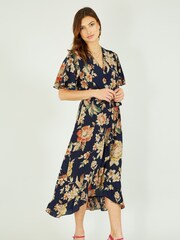 Mela Navy Blue & Orange Winter Floral Wrap Midi Dress - Image 1 of 5