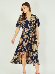 Mela Navy Blue & Orange Winter Floral Wrap Midi Dress - Image 2 of 5