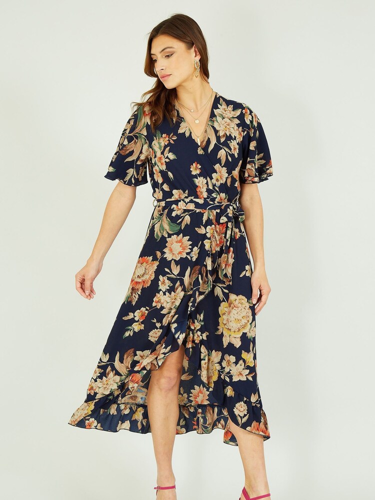 Mela Navy Blue & Orange Winter Floral Wrap Midi Dress - Image 2 of 5