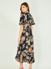Mela Navy Blue & Orange Winter Floral Wrap Midi Dress - Image 5 of 5