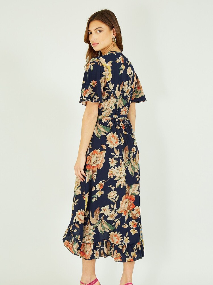 Mela Navy Blue & Orange Winter Floral Wrap Midi Dress - Image 5 of 5