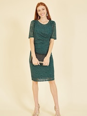 Yumi Forest Green Ruched Lace Dress - Image 3 of 5
