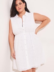 Lipsy White Broderie Curve Sleeveless Tie Waist Mini Shirt Dress - Image 1 of 1