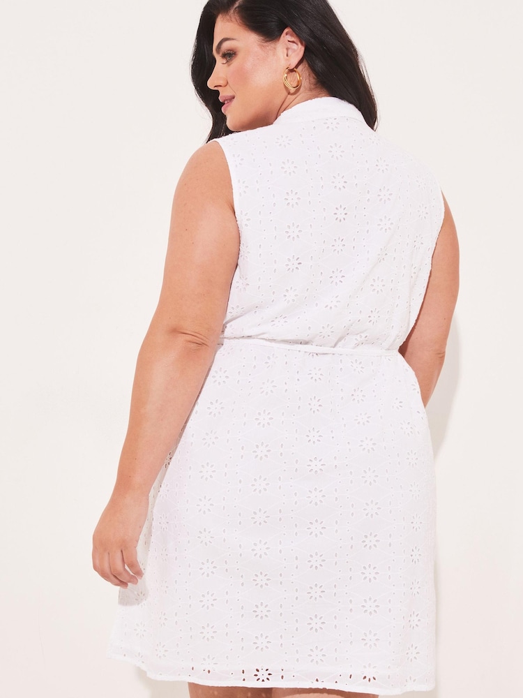 Lipsy White Broderie Curve Sleeveless Tie Waist Mini Shirt Dress - Image 2 of 4
