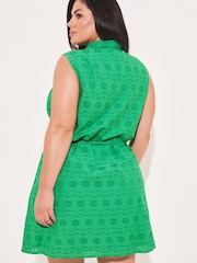 Lipsy Green Broderie Curve Sleeveless Tie Waist Mini Shirt Dress - Image 2 of 4
