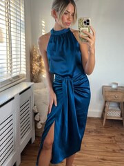 Style Cheat Blue Valencia Drape Midi Skirt - Image 4 of 5