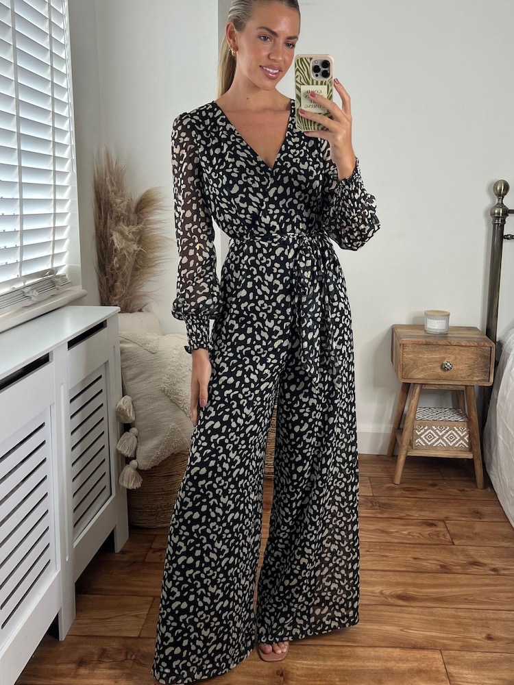 Style Cheat Black/White Carly Wide Leg Wrap Jumpsuit - Image 1 of 5