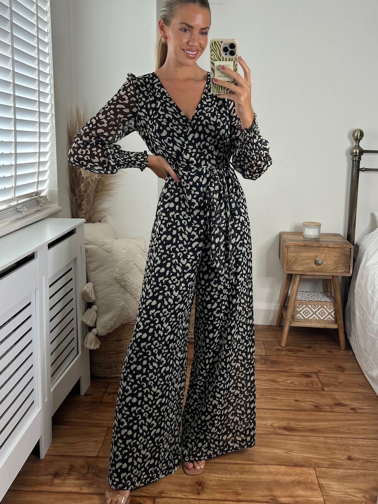 Style Cheat Black/White Carly Wide Leg Wrap Jumpsuit - Image 2 of 5