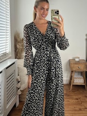 Style Cheat Black/White Carly Wide Leg Wrap Jumpsuit - Image 4 of 5