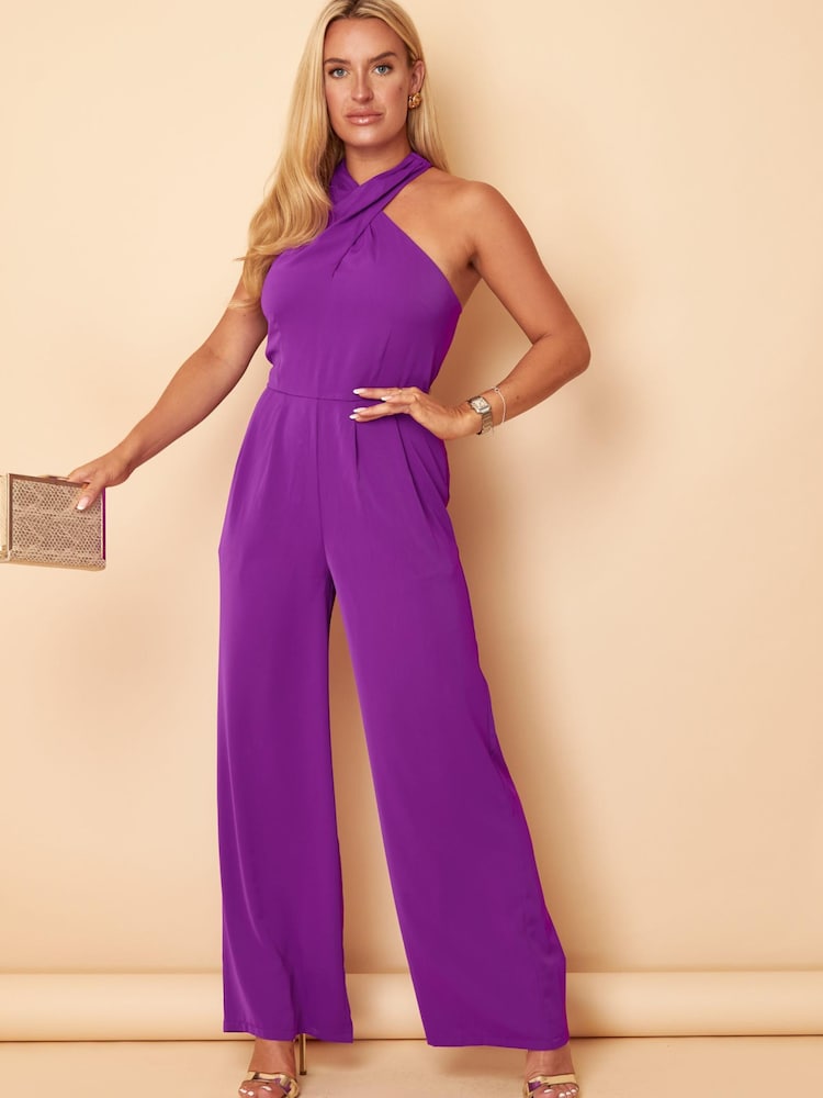 Girl In Mind Purple Halterneck Wide Leg Jumpsuit - Image 1 of 5