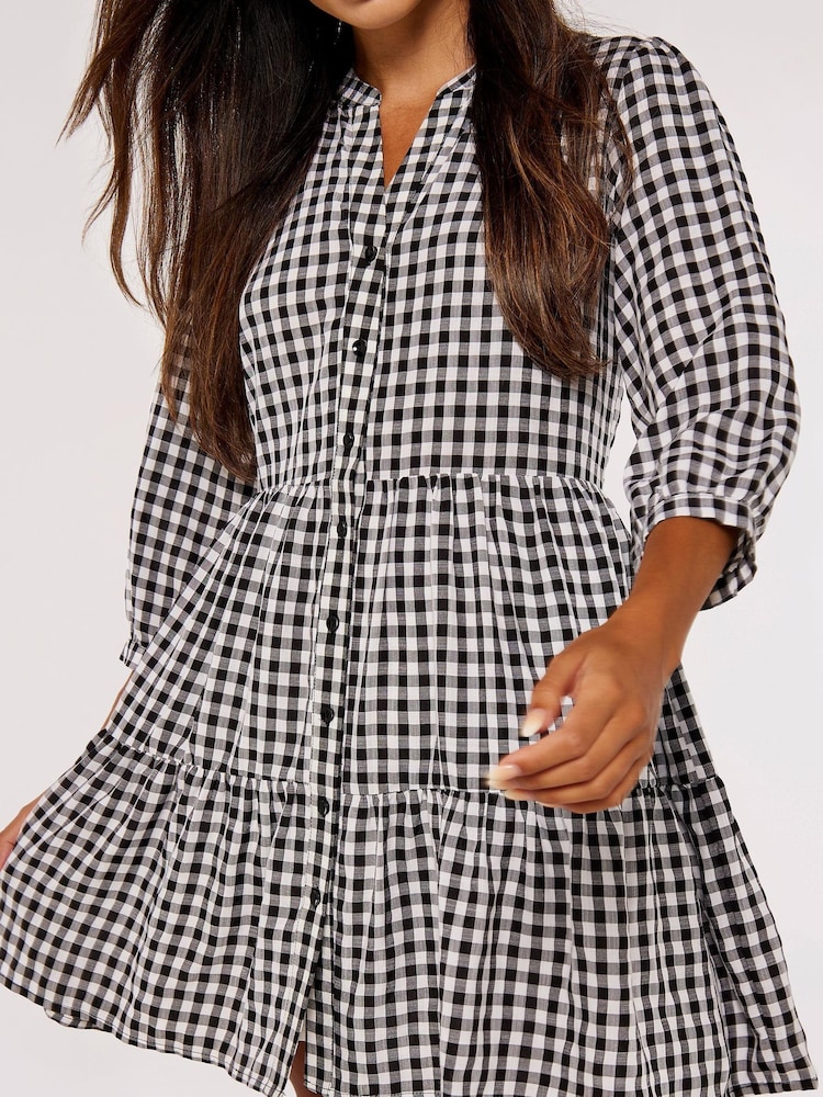 Apricot Black & White Gingham Tiered Skirt 3/4 Sleeve Dress - Image 1 of 4