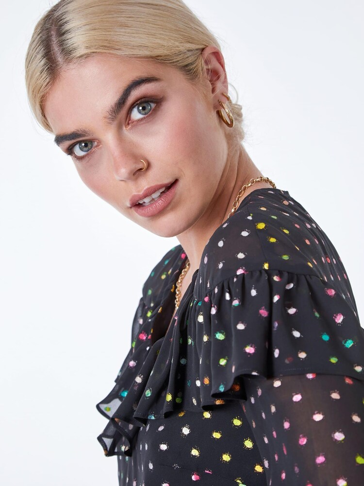 Dusk Black Metallic Foil Spot Ruffle Top - Image 5 of 5 Dusk Black Metallic Foil Spot Ruffle Top - Image 5 of 5