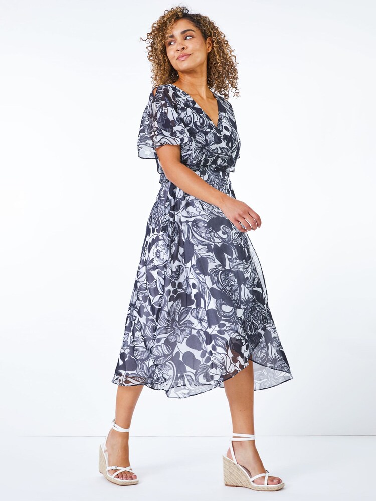 Roman Blue Petite Floral Print Cape Midi Dress - Image 1 of 5 Roman Blue Petite Floral Print Cape Midi Dress - Image 1 of 5