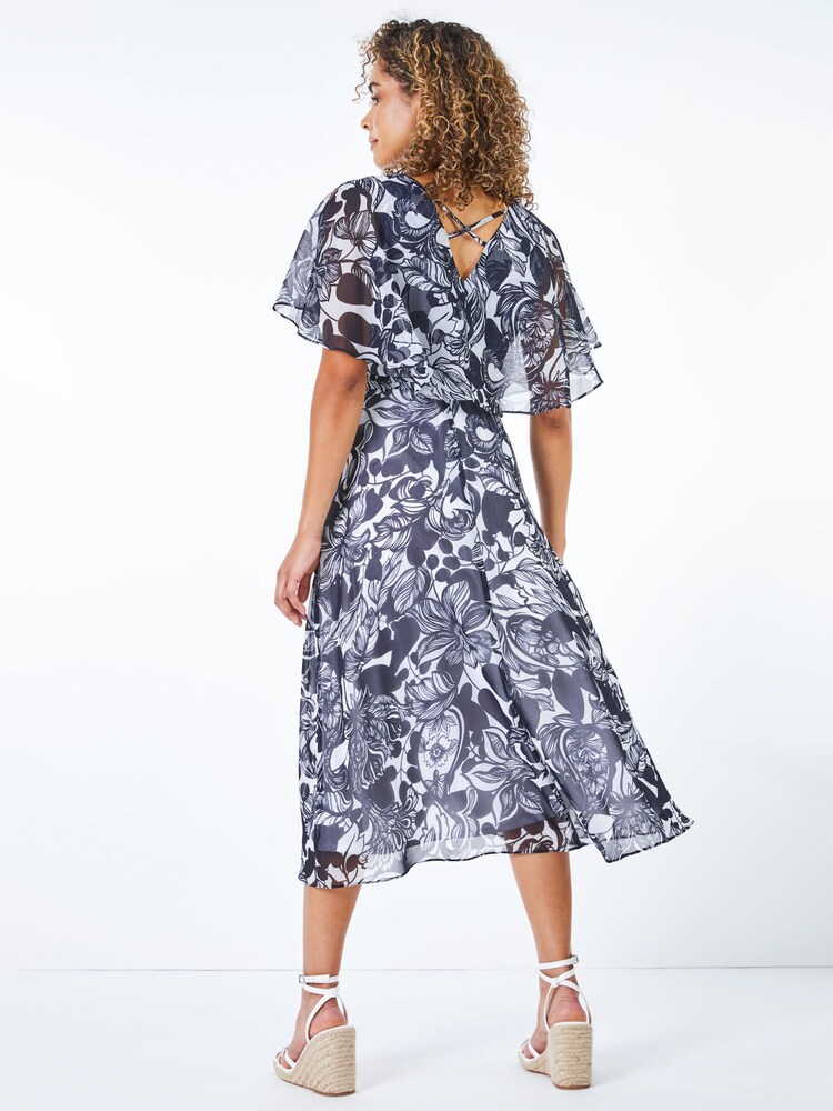 Roman Blue Petite Floral Print Cape Midi Dress - Image 2 of 5 Roman Blue Petite Floral Print Cape Midi Dress - Image 2 of 5