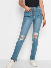 Long Tall Sally Blue Button Fly Distressed Slim Jean - Image 1 of 4