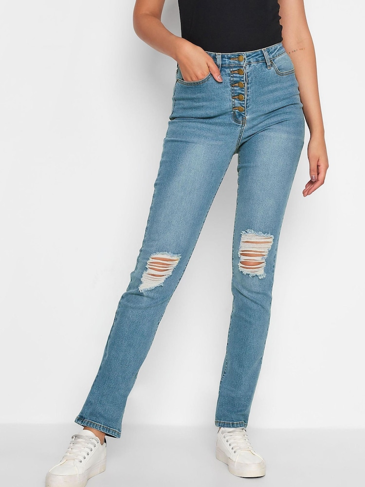 Long Tall Sally Blue Button Fly Distressed Slim Jean - Image 1 of 4