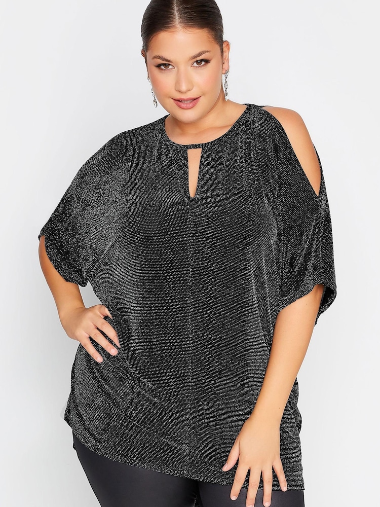 Yours Curve Silver London Party Cold Shoulder Cape Top - Image 1 of 4 Yours Curve Silver London Party Cold Shoulder Cape Top - Image 1 of 4