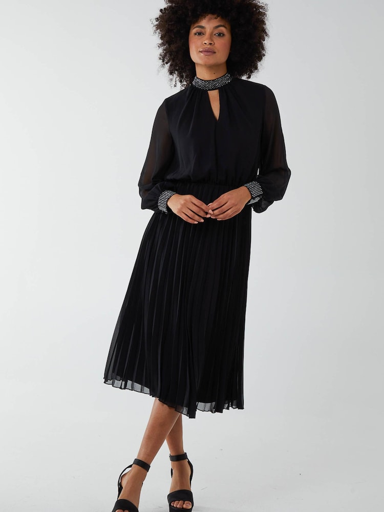 Blue Vanilla Black Diamante Collar Pleated Skirt Midi Dress - Image 1 of 4