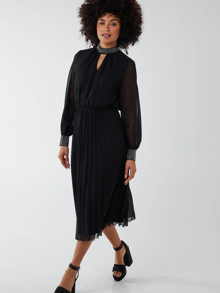 Blue Vanilla Black Diamante Collar Pleated Skirt Midi Dress - Image 2 of 4