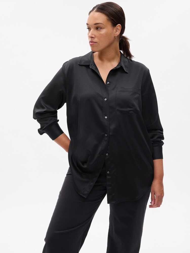 Gap Black Satin Long Sleeve Shirt - Image 1 of 5 Gap Black Satin Long Sleeve Shirt - Image 1 of 5